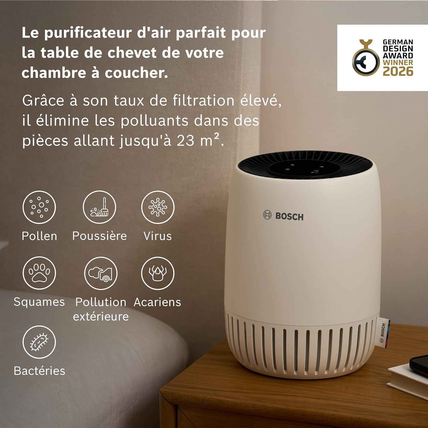  Bosch Air 500 Purificateur D'air - Élimine Les Polluants, Avec Un Filtre à Air Et Un Mode Sommeil (< 25 DB(A)) - Pour Jusqu'à 23 M² - Avec Port De Charge USB-C - CADR : 100 M³/h
