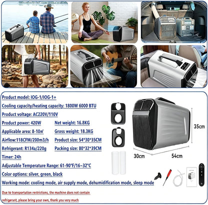  Climatiseur Portable Pour Tente 5200 Climatiseur Btu Pour Camping-Car, Refroidissement + Déshumidification + Ventilation + Mode Veille + Minuterie 24 H, Jusqu'à 10M², Conduit D'évacuation Inclus