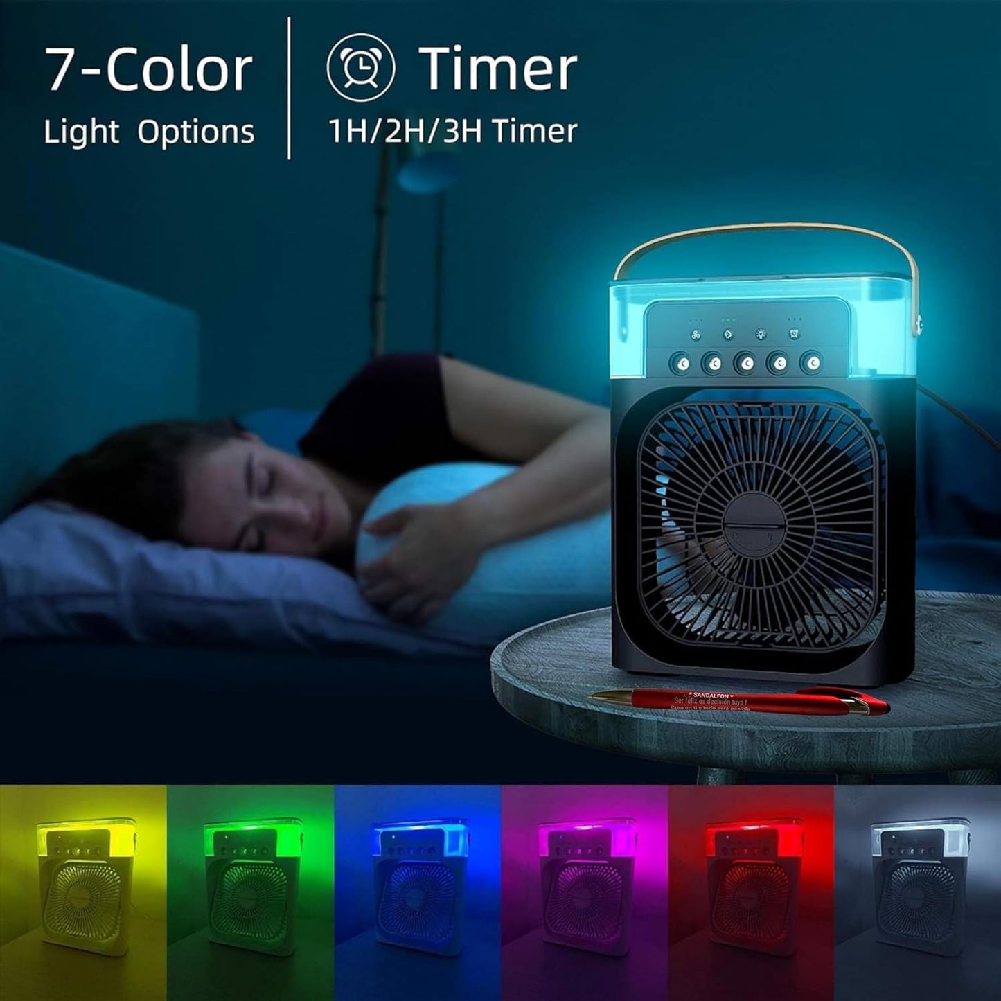  Climatiseur Lumière 7 Couleurs, Ventilateur, Humidificateur Et 5 Pulvérisateurs USB Pour Maison, Bureau Ou Chambre, Avec écran Tactile Et Stylo Personnalisé