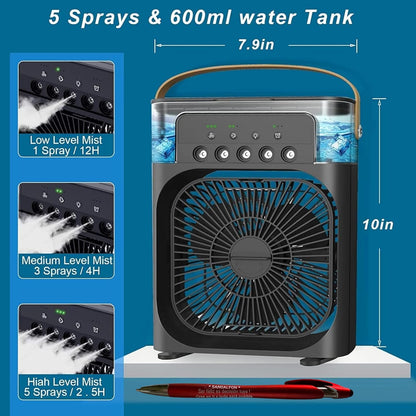  Climatiseur Lumière 7 Couleurs, Ventilateur, Humidificateur Et 5 Pulvérisateurs USB Pour Maison, Bureau Ou Chambre, Avec écran Tactile Et Stylo Personnalisé