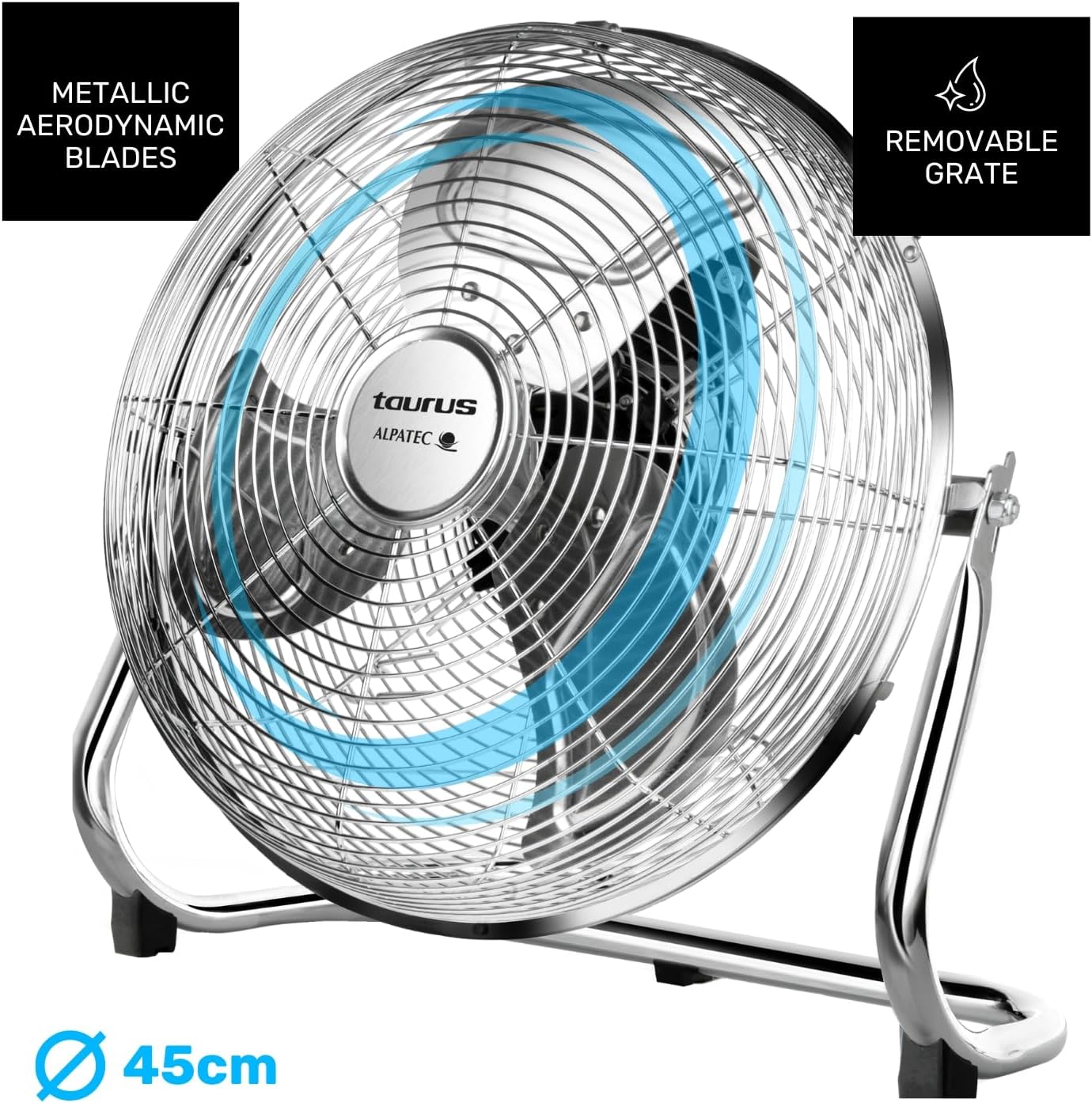  Taurus Sirocco 18 - Ventilateur De Sol 120W, 3 Vitesses, Silencieux, 3 Hélices Métalliques / 45 Cm De Diamètre, Inclinaison Réglable, Grille Amovible, Base Antidérapante