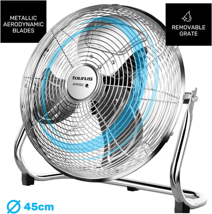  Taurus Sirocco 18 - Ventilateur De Sol 120W, 3 Vitesses, Silencieux, 3 Hélices Métalliques / 45 Cm De Diamètre, Inclinaison Réglable, Grille Amovible, Base Antidérapante