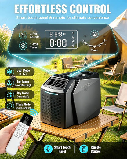  Climatiseur Portable Camping, Climatiseur Mobile Split, 6200 BTU, 550W Énergie Éco, Fonction Sans Vidange, Reglable 16-32℃, 4 Modes, Compact Avec Poignée Pour Tente, Caravane, Van Life