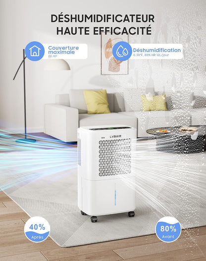  Déshumidificateur 12L/jour - Déshumidificateur électrique Puissant, économe En énergie, Portable, 3 Modes Et Contrôle Intelligent De L'humidité, Déshumidificateur électrique