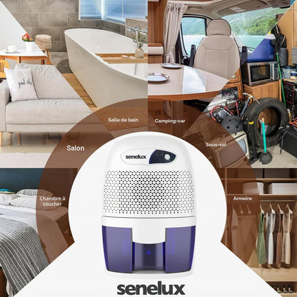  Senelux Mini Déshumidificateur D'air Portable Puissant De 500 Ml - Petit Déshumidificateur Efficace Et Stable - Absorbeur D'humidité Portable Pour Petites Pièces, Salle De Bain, Cave, Maison