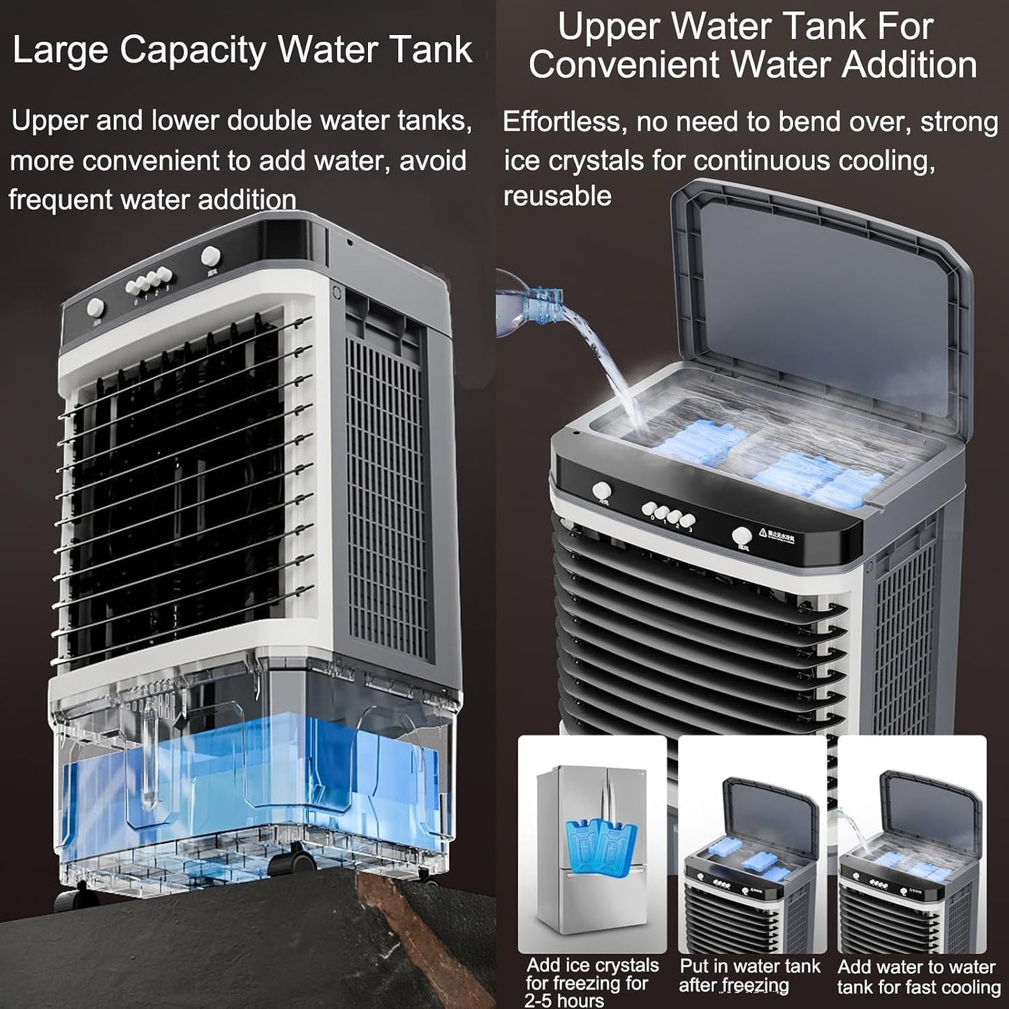  Refroidisseur D'air évaporatif Commercial 3 En 1 Avec Oscillation à 120°, 3 Vitesses De Ventilation, Réservoir D'eau Grande Capacité, Roues Pivotantes, Pour Grandes Pièces, Usine, Extérieur (80 X 43