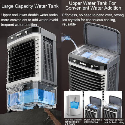  Refroidisseur D'air évaporatif Commercial 3 En 1 Avec Oscillation à 120°, 3 Vitesses De Ventilation, Réservoir D'eau Grande Capacité, Roues Pivotantes, Pour Grandes Pièces, Usine, Extérieur (80 X 43