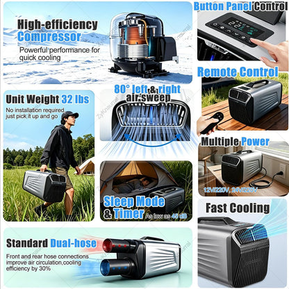  Climatiseur De Camping Mobile, Climatiseur Portable, Climatiseur Avec Modes Refroidissement, Ventilation, Déshumidification Et Sommeil, Alimentation Triple (12 V/24 V , 220 V Sur Secteur) 12V/220V