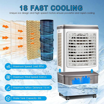  Climatiseur Mobile Sans Évacuation 30LClimatiseur Mobile Silencieux Avec 3 Vitesses 3 Modes 35dB Réservoir D'eau Amovible Télécommande Ventilateur Refroidisseur D'air Climatisation Pour Chambre