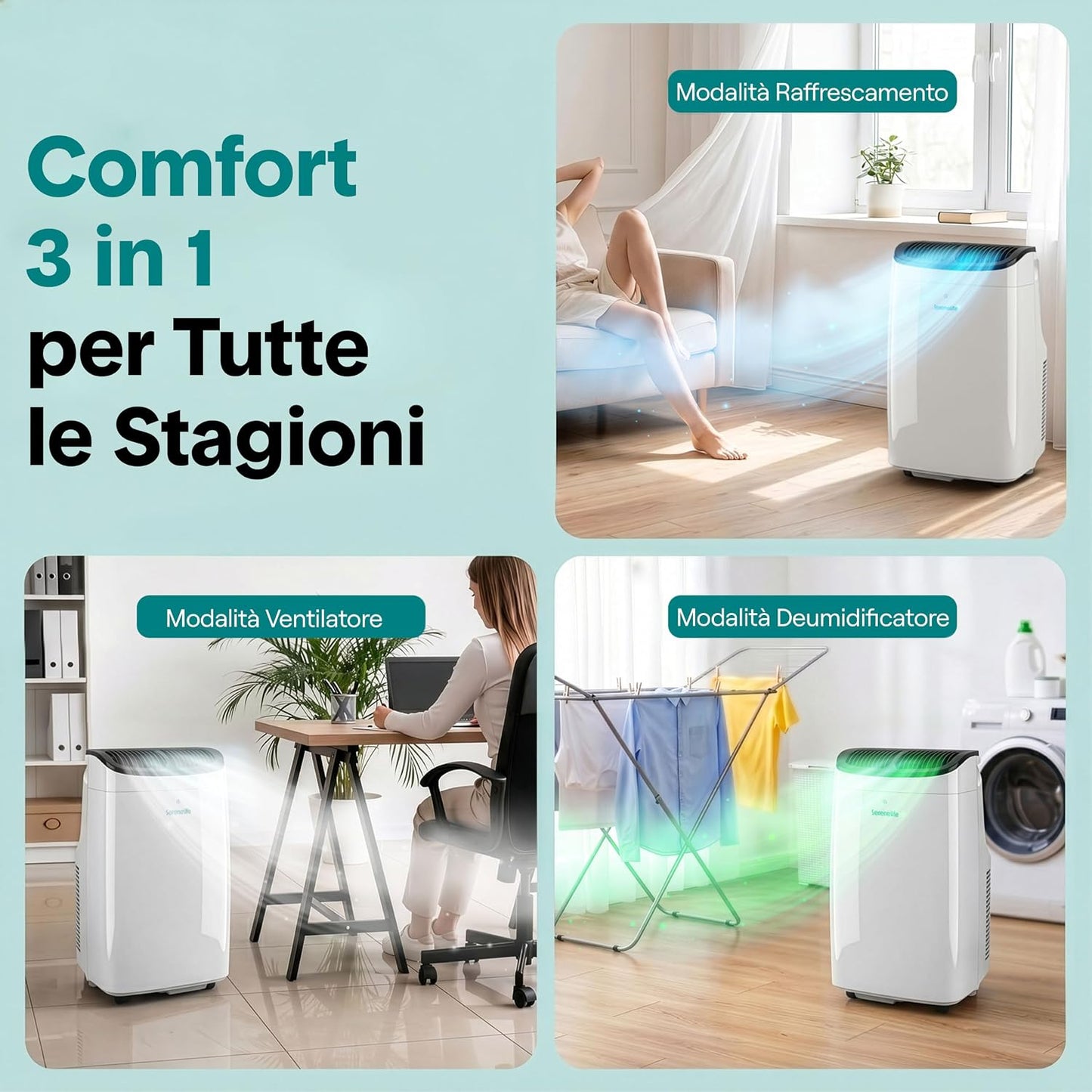  SereneLife Climatiseur Portable 7 000 BTU – Clim Mobile 3 En 1 Silencieuse Avec WiFi, Déshumidificateur, Ventilation, Rafraîchisseur D’Air, Contrôle APP, Kit Fenêtre, Pour Chambre Et Bureau