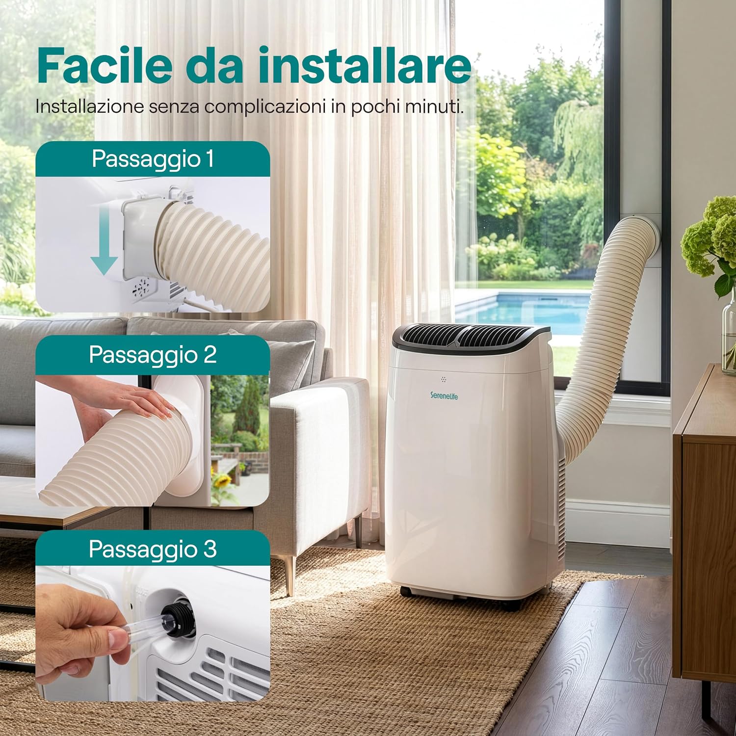 SereneLife Climatiseur Portable 7 000 BTU – Clim Mobile 3 En 1 Silencieuse Avec WiFi, Déshumidificateur, Ventilation, Rafraîchisseur D’Air, Contrôle APP, Kit Fenêtre, Pour Chambre Et Bureau