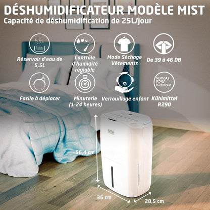  Amig – Déshumidificateur MIST - Capacité 25L/Jour - Régulation De L'humidité Et Minuterie - Réservoir D'eau Amovible 5,5L - 36x28x56 Cm - 370W - Couverture 170m³/h - Silencieux 46 DB - Séchage Linge